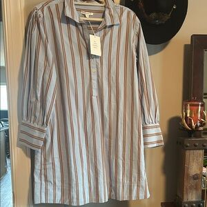 Striped Long Sleeve Blouson Dress in Blue and Brown